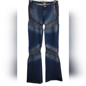 Y2K Style PXC Low-Rise Stretch Flare Jeans with Mesh & Rhinestones Accents Rare